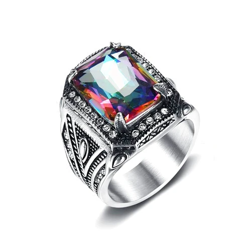 MIVEIVIA ICED OUT Eagle Crawl Multi-color Stone Rings for Men Square Pattern Religion's ring Stainless Steel Jewelry Rings for Men rings for Christian Heavy Metal ring Party