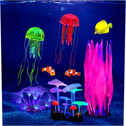 Lpraer 5 Pack Glow Aquarium Decorations Kelp Coral Mushroom Sun Flower Jellyfish Simulation Glow Plant Glowing Effect Silicone for Fish Tank Decorations