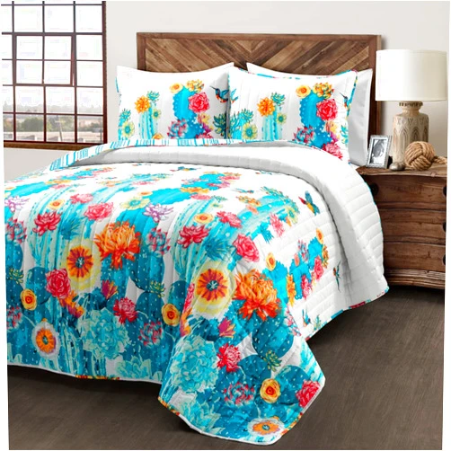 Lush Decor Southwest Vibrant Cactus Reversible Oversized 3 Piece Quilt Set, Full/Queen, Turquoise & Orange