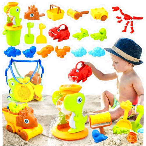 Mini Tudou Beach Toys for Kids,Dinosaur Themed Sandbox Toys with Dino Water Wheel,Toddler Sand Toys with Dino Sand Molds,Sand Buckets,Shovels and Watering Can,Outdoor Toys with Mesh Bag for Kids Boys