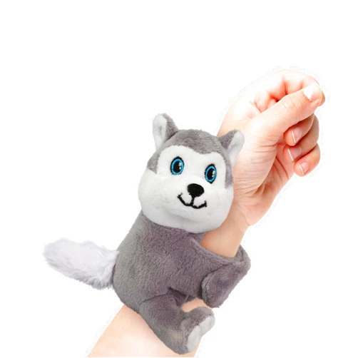 DolliBu Wolf Stuffed Animal Slap Bracelet - Fluffy Wild Animal Magnetic Snap Bracelet for Kids, Wearable Plush Slap Bracelet Wrist Band Toy for Children's Accessory, Play and Party Favor - 4.5 Inches