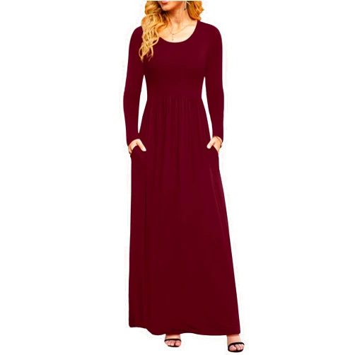DB MOON Women Casual Long Sleeve Maxi Dresses Empire Waist Long Dress with Pockets