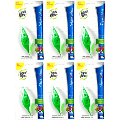 Paper Mate 660415 Liquid Paper DryLine Grip Correction Tape Dispenser, Pack of 6, Transparent Green Body, 1/5 inches Wide x 27.8 feet Long White Tape - Applies Dry, Rewrite Instantly - Swivel Tip
