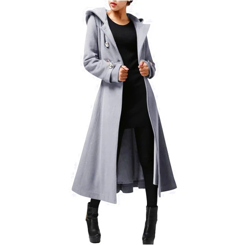 Cicy Bell Womens Long Double-Breasted Hooded Coat Winter Warm Wool Trench Coat with Belts
