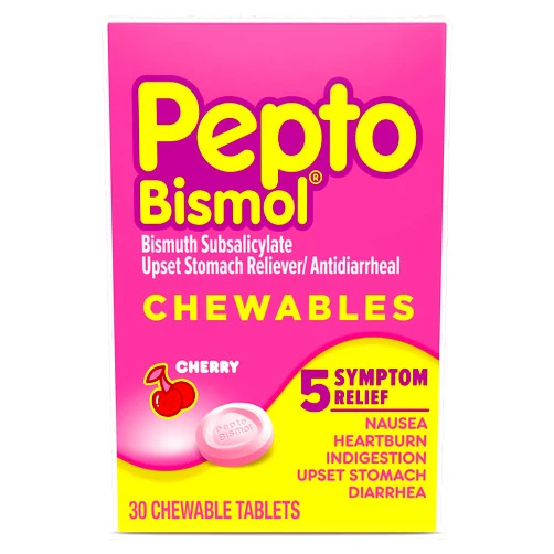 Pepto Bismol Chewables, Upset Stomach Relief, Bismuth Subsalicylate, Multi-Sympton Relief of Gas, Nausea, Heartburn, Indigestion, Diarrhea, Cherry Flavor, 30 Tablets