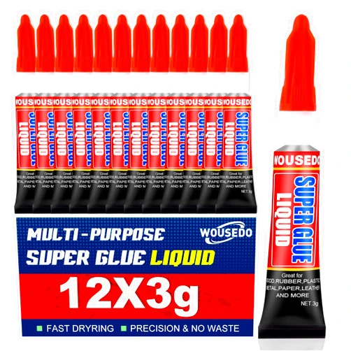 WOUSEDO 12 X 3g Super Glue Liquid, Clear Strong Adhesive,Fast Drying Cyanoacrylate Glue for Wood, Rubber, Leather, Plastic, Metal, DIY Crafts and More
