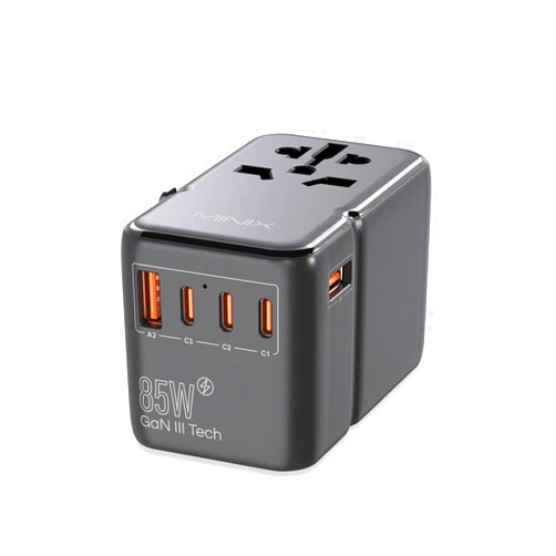 MINIX TP85 Universal Travel Adapter with 85W PD Ports GaN International AC Socket with 2 USB-A and 3 USB-C Port PowerTravel Charger Outlet Converter Worldwide US to Europe EU AU UK