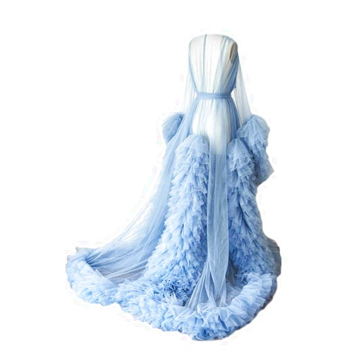 HanDanTian  Sexy Illusion Long Lingerie Tulle Robe Nightgown Bathrobe Sleepwear Bridal Robe Wedding Scarf