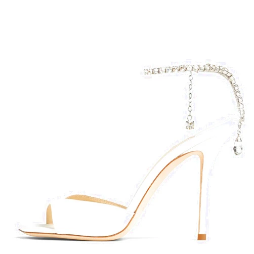 BlingQueen Women's Heeled Sandals Crystal Chain Ankle Strap Rhinestone Buckle Square Open Toe Stiletto High Heels Wedding Party Satin Dress Shoes