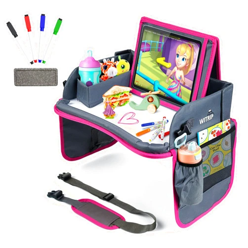 WITRIP Kids Travel Tray with Dry Erase Board, Car Seat Lap for Food & Play Activity, Carseat Table Trays for Toddler, Kid Activity Desk for Air Travel, No-Drop Tablet Holder & Borders (Grey with Pink Frame)