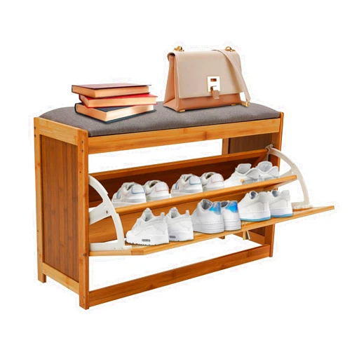 HaoYunNe 2-Tier Bamboo Shoe Bench Shoe Rack Stool with Cushion and Flip Door Shoe Organizer for Entryway Hallway Bedroom Living Room, 220 lbs Load-Bearing,27.5x9.4x17.3in (Brown)