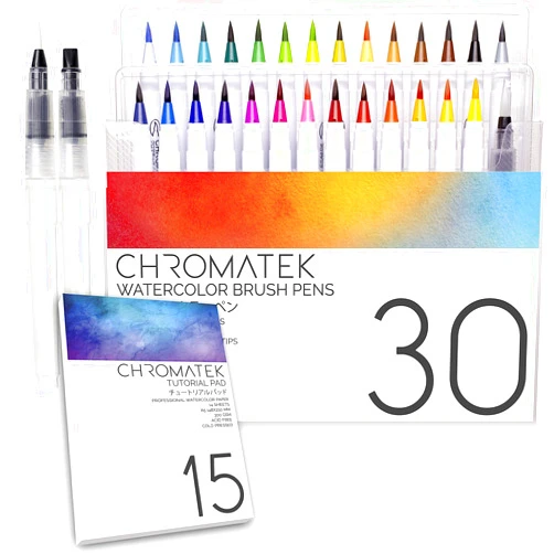 CHROMATEK 30 Watercolor Brush Pens - 15 Page Tutorial Pad and Online Video Series - Real Brush Tip, Vivid, Blendable - Professional Artist Quality - 27 Colors - 3 Aquapens