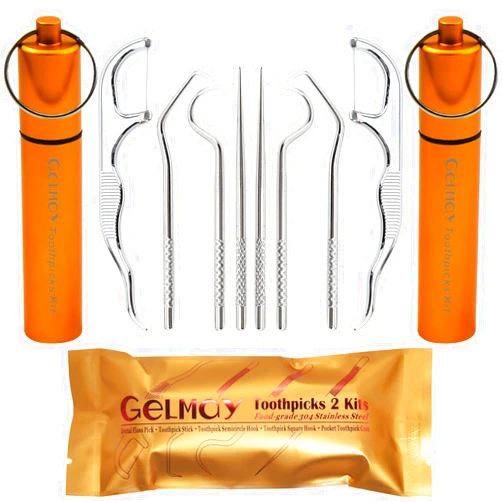 GELMAY Toothpicks Pocket Set, Dental Floss Picks Kit Reusable, Stainless Steel Teeth Cleaning Tools, Flossers for Adults, Tooth Picker Oral Hygiene Travel (2 Set)
