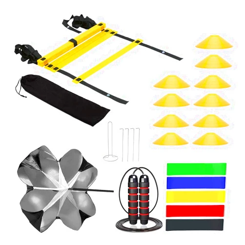 WFQHHLY KMX Speed Cones Training & 20ft Agility Ladder Set-10 Cones with Holder, Running Parachute, Jump Rope, Resistance Bands - Football, Soccer, Basketball, Hockey Training Athletes