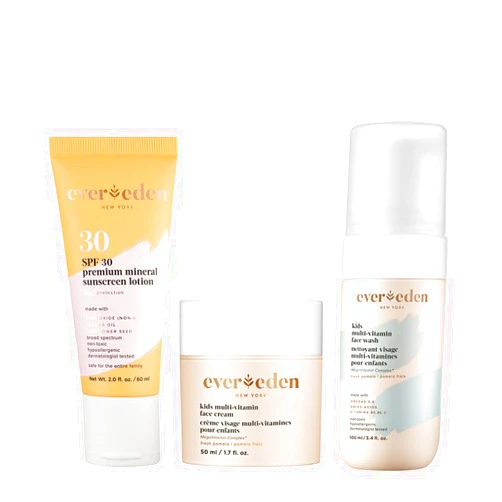Evereden Kids Daily 1-2-3 Routine Bundle: Clean & Vegan Skin Care Set - Hydrating & Nourishing Tween Skincare Set with Multi-Vitamin Face Wash, Face Cream, Lotion, & SPF 30 Mineral Sunscreen (Pomelo)