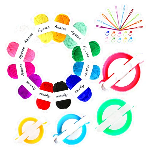 Ayasee Pompom Maker Kits, Knitting Loom Kit Fluff Ball Weaver Needle Craft DIY Knitting Crochet Tool Kit, 4PS Pompom Maker+10PS Knitting Stitch Markers+10PS Plastic Needles+12PS Acrylic Yarn(36)