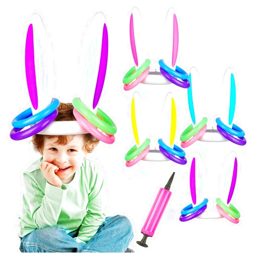 Suroomy 4 Pack Easter Inflatable Bunny Ring Toss Game Easter Rabbit Ears Inflatable Funny Games Toys Gift for Kid Party Family(16 Rings&1 Inflator&4 Rabbit Ears)