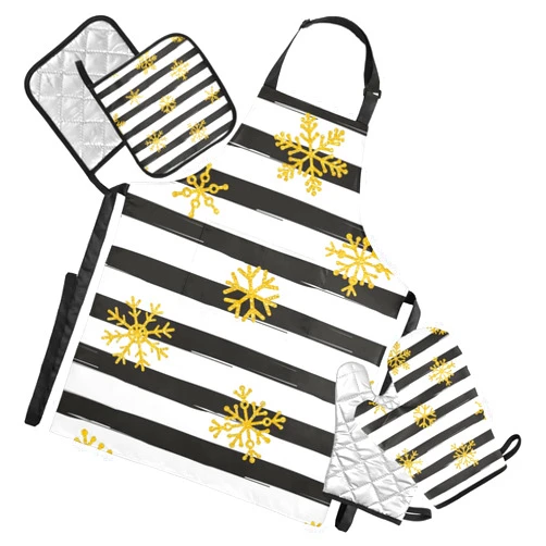 susiyo Gold Snowflakes Stripes Kitchen Apron Set Include Bib Apron Oven Mitt Pot Holder Present For Mothers
