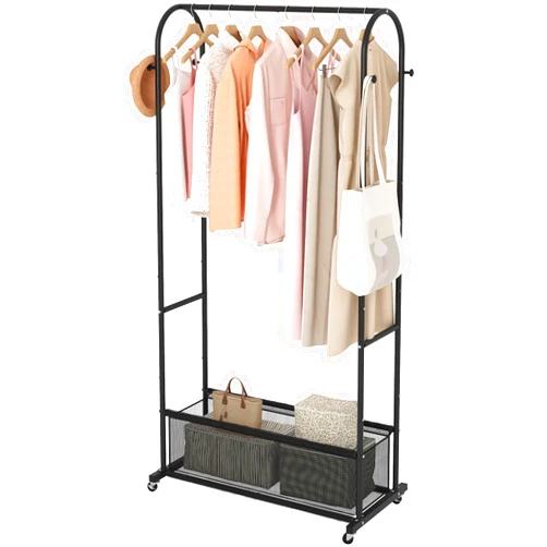 MOYIPIN Double Rods Clothing Rack with Wheels,Clothing Rack for Hanging Clothes Coat Scarves Bags,Multi-functional Bedroom Garment Rack,4 Hooks,Black