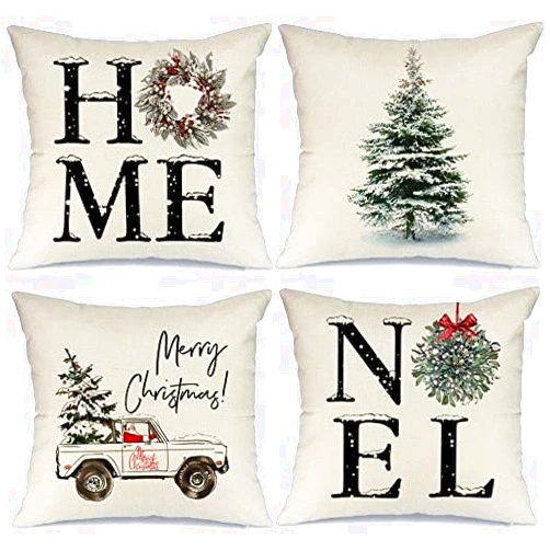 AENEY Christmas Decorations Pillow Covers 18x18 Set of 4, Home Noel Truck Christmas Tree Rustic Winter Holiday Throw Pillows Farmhouse Christmas Decor for Home, Xmas Cushion Cases for Couch A311-18