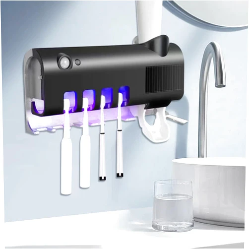 Mddsgdsaa Automatic Toothpaste Dispenser, 4 Toothbrush Slots Toothbrush Holders for Bathrooms, Automatic Toothpaste Dispenser Squeezer Kit, Ideal for Home and RV Decor, without Drilling(Black), HOLER01