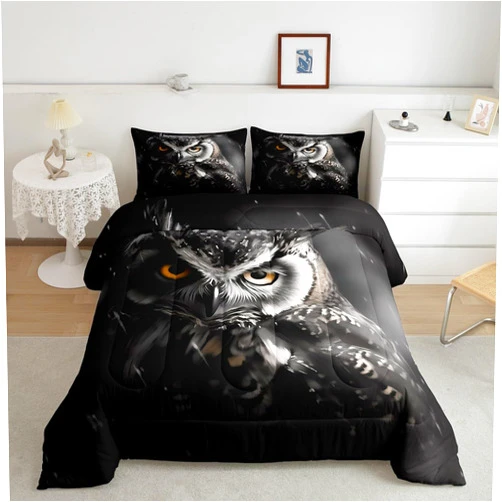 Erosebridal 3D Owl King Size Comforter Set Black and Grey Bedding Set, Wild Animal Down Comforter Cute Bird Bed Set, Woodland Wildlife Quilted Duvet Animal Theme Black Room Decor 3pcs