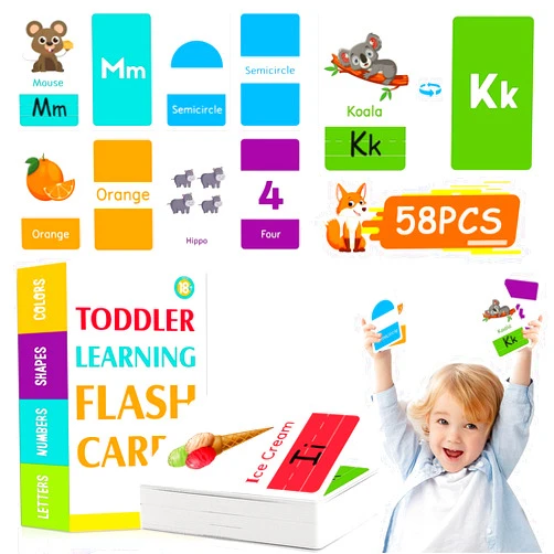 Hsxfl Flash Cards for Toddlers 2-4 Years, Sight Words Flash Cards Kindergarten, Colors Number Shapes Animals Phonics Alphabet Flash Cards Learning Toys for Toddlers, 58 Picture Cards - 116 Sides