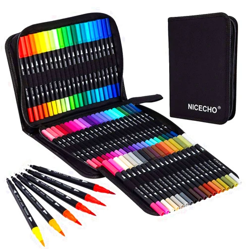 Nicecho Art Markers Dual Brush Pens for Coloring, 60 Artist Colored Marker Set, Fine and Brush Tip Pen Art Supplier for Adult Coloring Books, Bullet Journaling, Drawing
