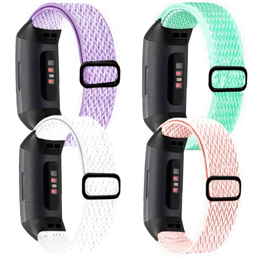 Attbbon 4 Pack Stretchy Band Compatible with Fit bit Charge 4 Bands/ Charge 3 Band/ Charge 3SE Smart Watch Wristbands for Women Men, Breathable Adjustable Loop Nylon Replacement Straps Elastic Charge 3 Wristbands for Women Men