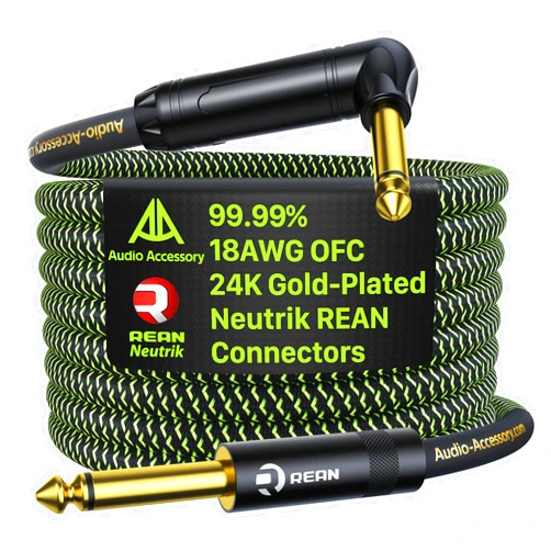AA AUDIO ACCESSORY Pro Series Guitar Cable 10 ft, Gold-Plated Neutrik REAN Connector, 18 AWG 99.99% OFC, Low Capacitance Straight to Right Angle 1/4 Inch Instrument Cable for Fender Electric Guitar