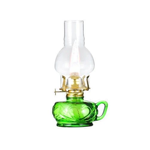 DNRVK Vintage Green Kerosene Lamp with Handle Color Glass Oil Lamps for Indoor Use Large Indoor Decorative Oil Lamp Hurricane Lamp Lantern for Tabletop Decor Emergency Lighting