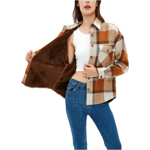 Mannjin Women Sherpa Lined Jacket Plaid Flannel Shirts Fleece Warm Shacket Jacket