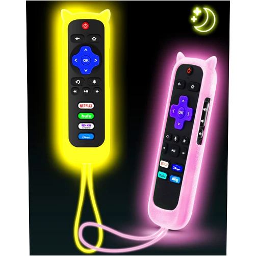 OneBom 2Pack ONEBOM Cover for Roku Remote with Cat Ears Design,Silicone Skin Case Fit with Hisense/TCL Roku TV,Steaming Stick/Express,Universal Controller Glow in The Dark(Glow Pink&Glow Yellow)