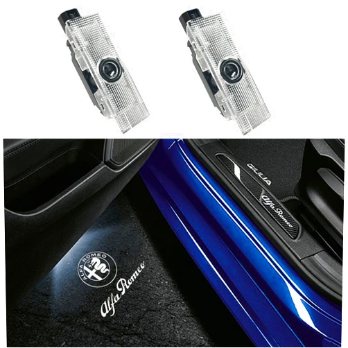 JUNMEI Door Lights Logo Projector Puddle Lights Ultra-Bright Welcome Step Light,Never Fade Puddle Lights Compatible with Alfa Romeo Giulia 952 Stelvio 949 Tonale Giulietta Accessories (White Logo Letter)