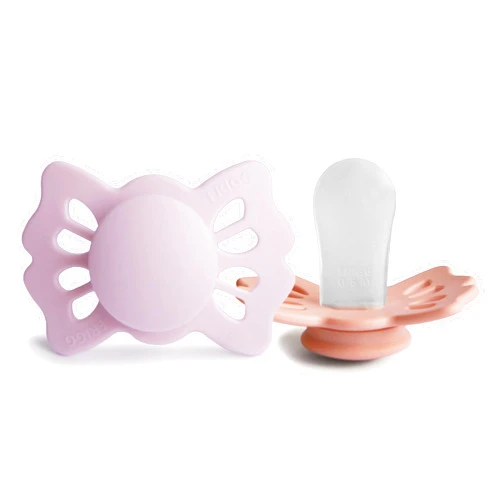 FRIGG Lucky Symmetrical SilkySoft Silicone Baby Pacifier | Made in Denmark | BPA-Free (Soft Lilac/Pretty in Peach, 0-6 Months)