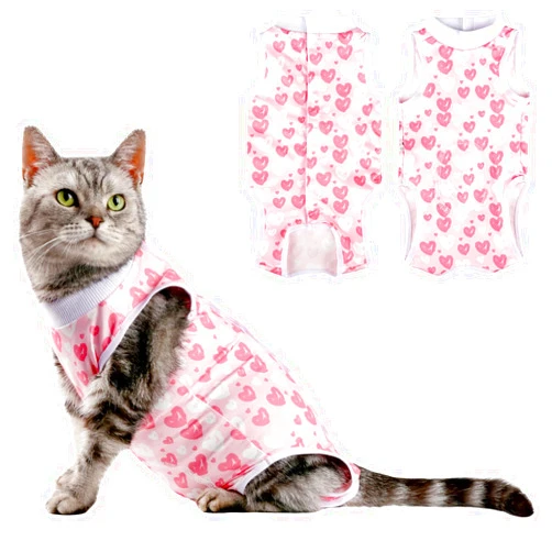 Due Felice Cat Surgery Recovery Suit Small Dog Surgical Recovery Onesie Pet After Surgery Wear for Female Male Cat Doggy Pink Heart/Large