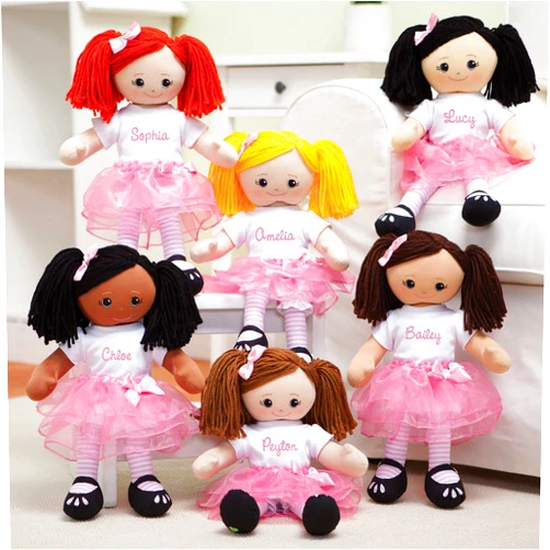 Personalized Planet Rag Doll with Custom Name Embroidered | Red Head Girl Dressed in White Shirt, Stripped Stockings with Pink Tutu Skirt | Red Hair with Removable Bow Clip