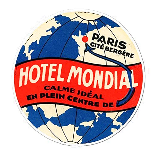 Sticker Pimp Hotel Mondial Paris Globe - Vintage France Travel Label - Vinyl Decal Sticker - 3.75