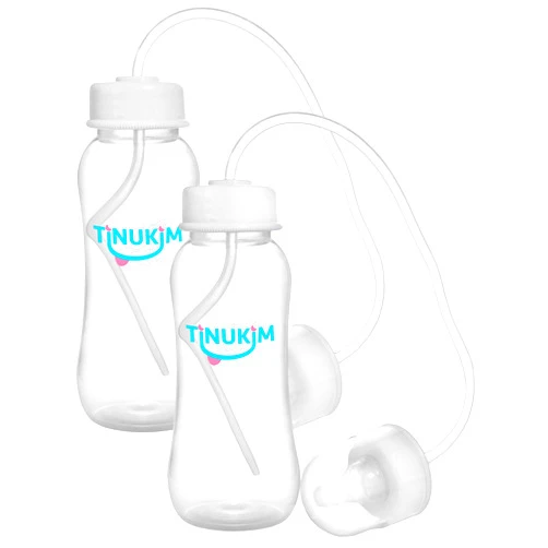 Tinukim iFeed 9 Ounce Self Feeding Baby Bottle with Tube - Handless Anti-Colic Nursing System, White - 2-Pack