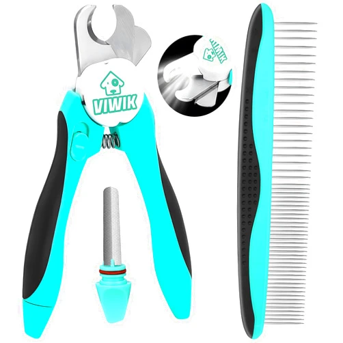 VIWIK 2 in 1 Dog Nail Trimmers with LED Light for Bloodline, Dog Comb, Dog Nail Clippers with Quick Sensor & Safety Guard to Avoid Overcutting, Cat Puppy Claw Clipper for Grooming with Nail File Blue