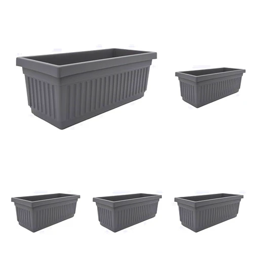 The HC Companies 30 Inch Venetian Rectangular Window Planter Box - Lightweight Plastic Indoor Outdoor Plant Pot with Drainage for Windowsill, Herbs, Flowers, Warm Gray (Pack of 5)