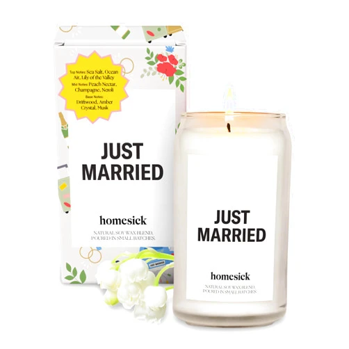 Homesick Scented Candles for Home (Just Married) - 13.75 oz Long-Lasting Soy Wax Blend Jar Candle Gifts for Weddings, 60-80 Hours Burn Time - Notes of Neroli Blossom, Amber & Creamy Musk