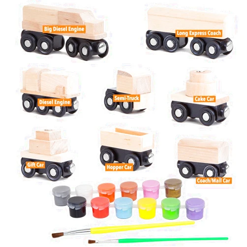 Orbrium 8 Unpainted Train Cars with 12 Colors Paint and Paint Brushes Set for Wooden Railway Compatible with Thomas, Chuggington, Brio, for Birthday Party Train Theme