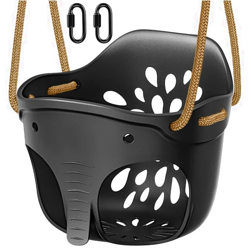 SELEWARE Heavy-Duty High Back Full Bucket Toddler Swing Seat with Locking Carabiners and Adjustable Rope, Cute Elephant Shape Design, 600LB Weight Limit (Bucket Swing, Black)