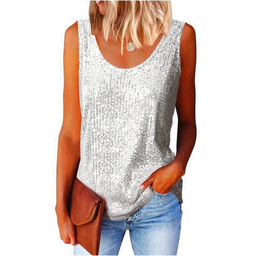 MLEBR Womens Summer Fashion Sequin Tops Scoop Neck Sequin Sparkle Shimmer Sleeveless Tanks Tops Blouses