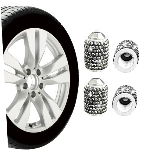 Ziciner 4 PCS Bling Tire Stem Valve Caps, Crystal Dustproof Handmade Rhinestone Auto Stem Air Cap Cover, Attractive Vehicle Exterior Accessories, Universal for Cars Motorcycles Bikes (Bright Black)
