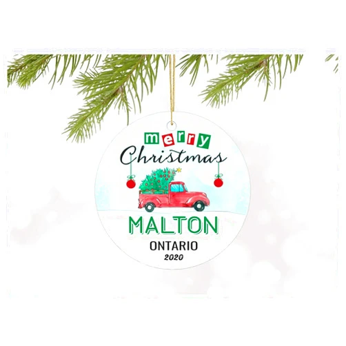 GiftsForFamily 2020 Merry Christmas Ornaments Gifts City Name Malton Ontario State Xmas Tree Decorations Ornament Holiday Home Decor Happiness Merry Christmask MDF Plastic 3 inches White