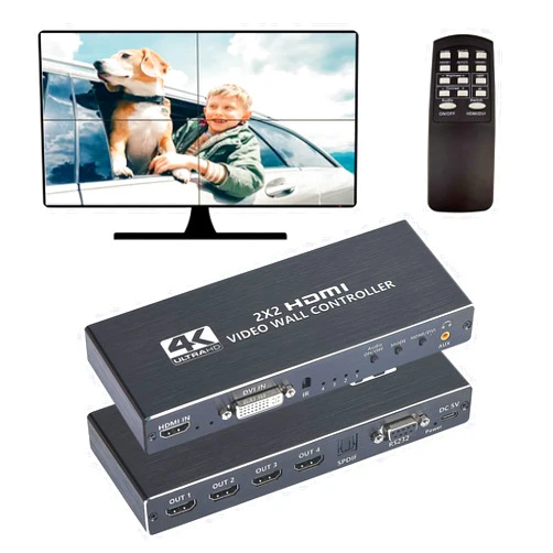 GGrozza Video Wall Controller, 4K 2X2 TV Wall Processor with HDMI+DVI+RS232 Input, Support 180° Rotate, 4 HDMI Output Support Images Stitching 1x2 1x3 1x4 4x1 etc