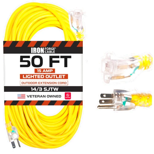 Iron Forge Cable Lighted Outdoor Extension Cord 50 ft - 14 Gauge 15 Amp Heavy Duty Power Extension Cords - SJTW - Great for Major Appliances, Power Tools, Garden Supplies - Yellow