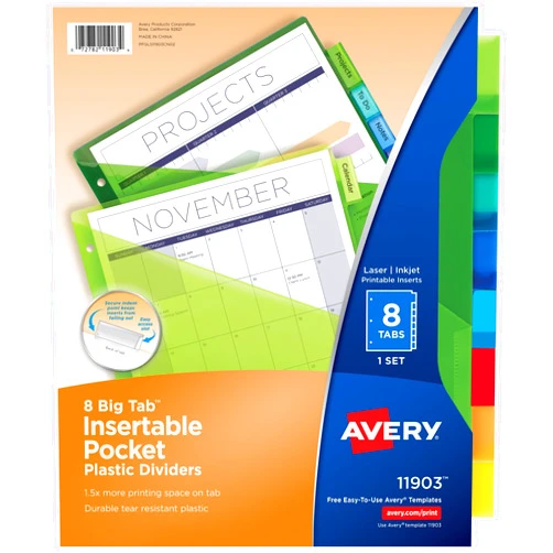 Avery Dividers for 3 Ring Binders, 8-Tab Binder Dividers, Plastic Binder Dividers with Pockets, Insertable Big Tabs, Multicolor, Works with Sheet Protectors, 24 Sets (11903)